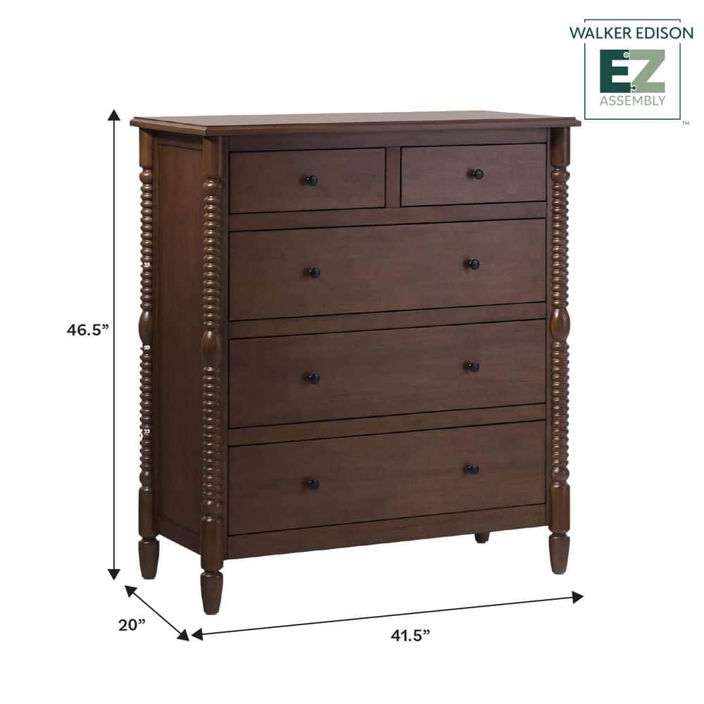 Walker Edison Furniture Company Modern Farmhouse Easy Assembly Dark Brown 5-Drawer 41.5 in. Solid Wood Spindle-Detailing Dresser