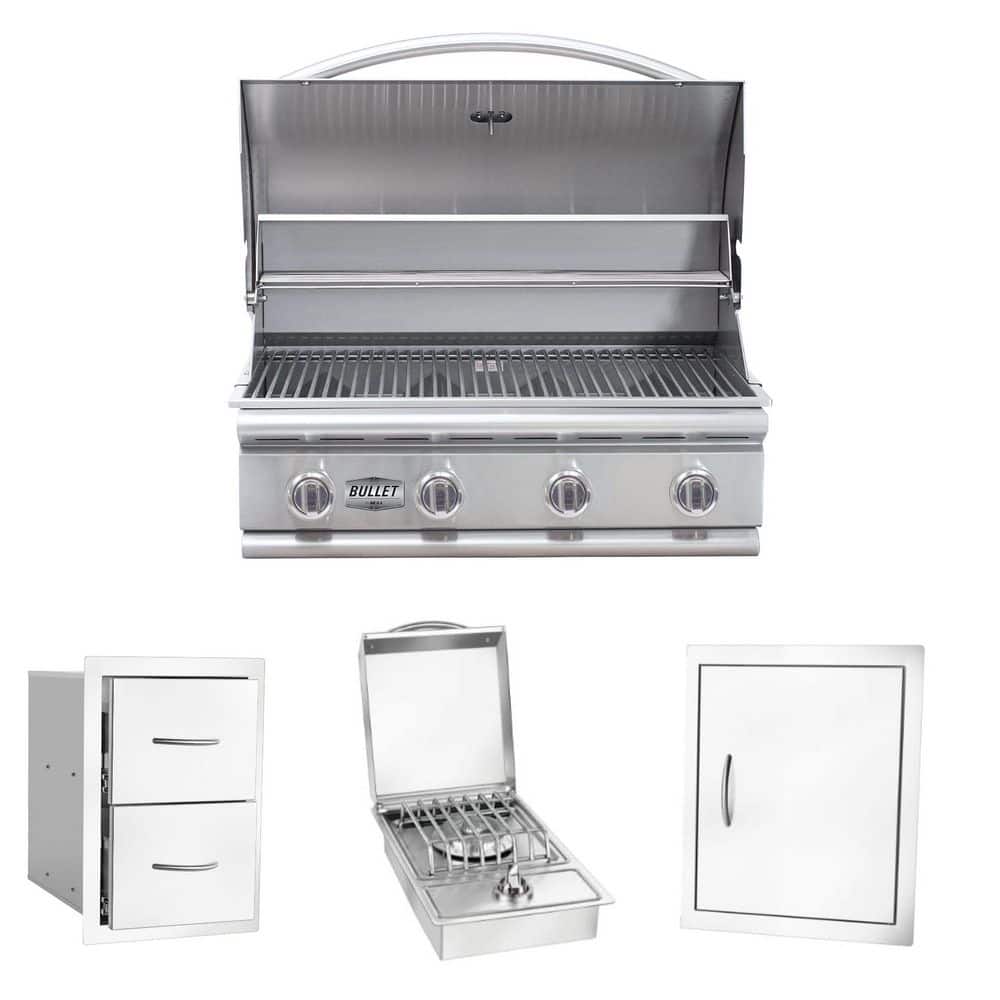 Bullet Series 4-Burner Built-In Natural Gas Grill 30 in Stainless Steel w/Double Door, Double Drawer & Side Burner