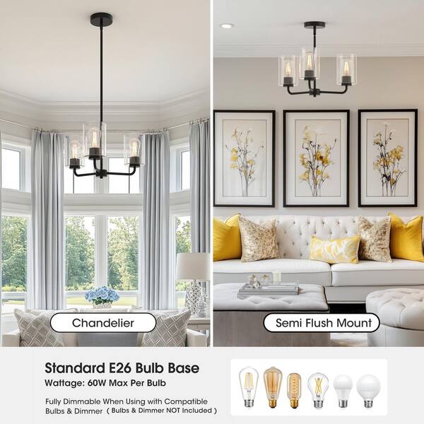 YANSUN 3-Light Black Finish with Glass Empire Chandelier