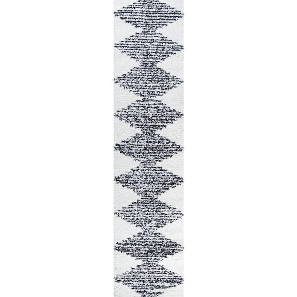 Elm White/Black 2 ft. x 10 ft. Diamond Stripe Geometric Shag Runner Rug