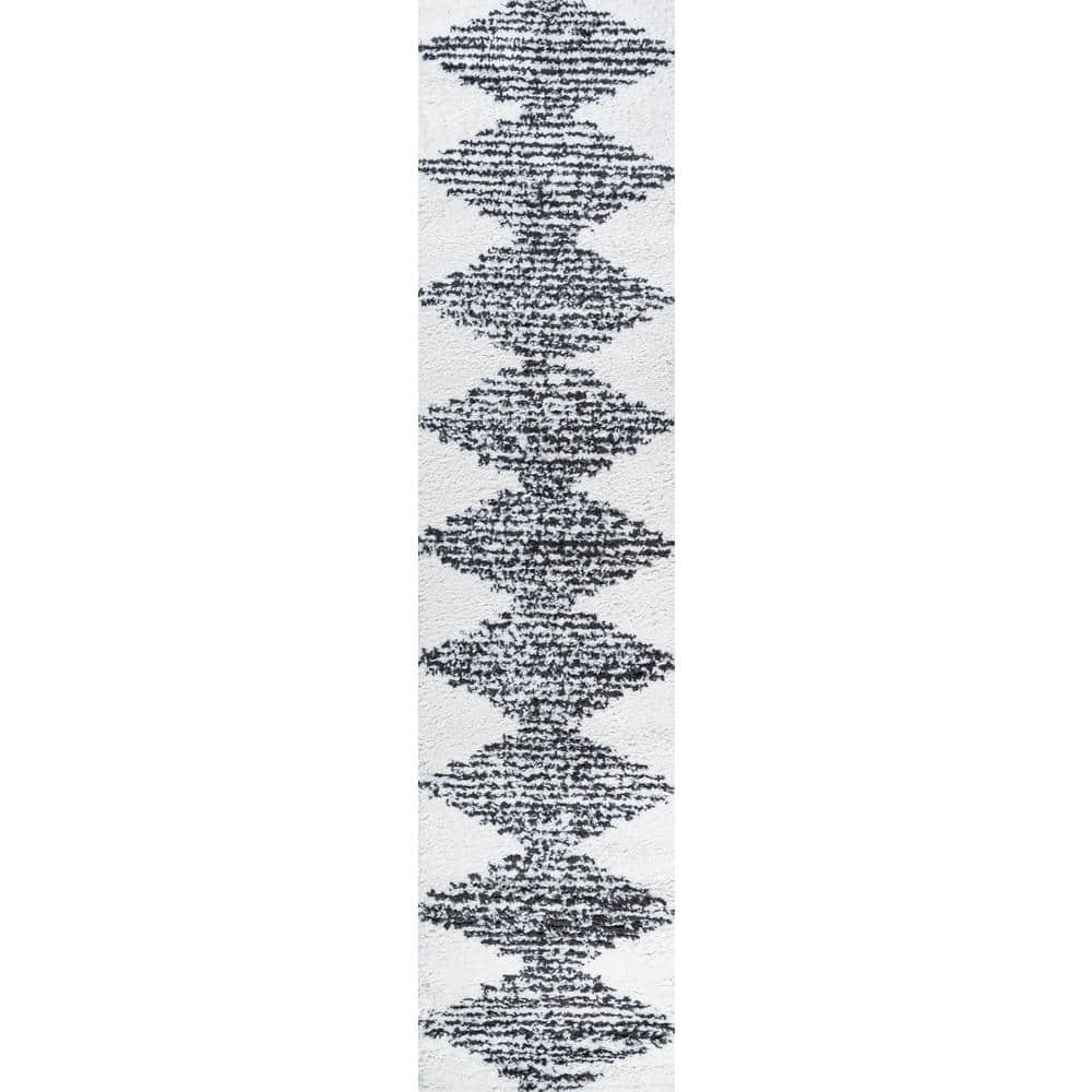 Elm Diamond Stripe Black and White Shag Runner Rug