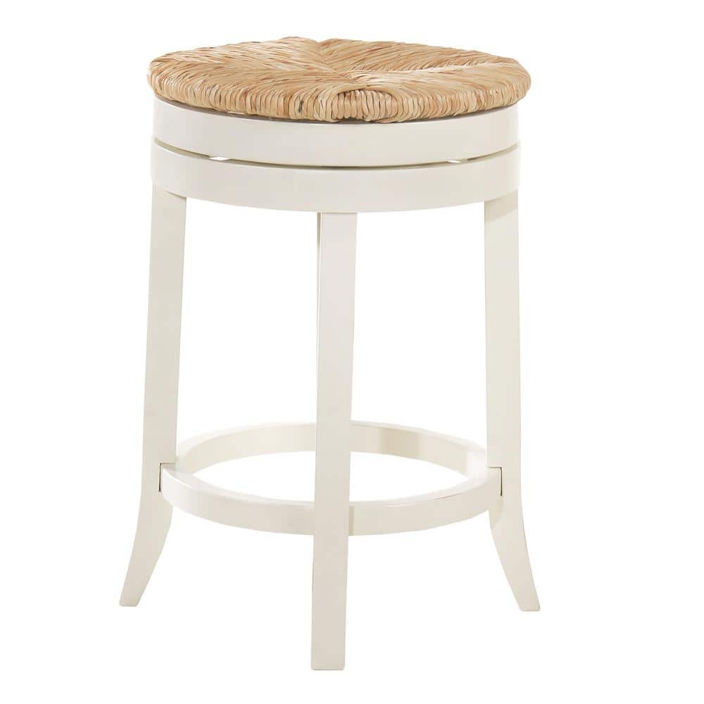 Irving Antique White Wood Swivel Counter Stool with Woven Rush Seat