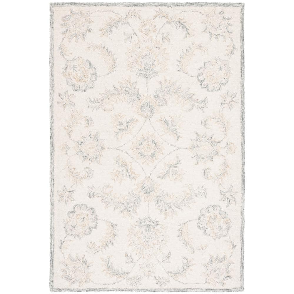Ivory and Sage Floral Handmade Wool Tufted Area Rug, 3' x 5'