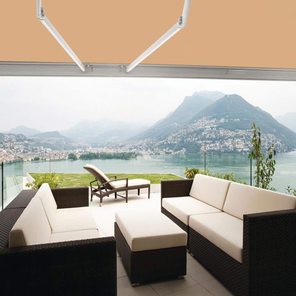 Khaki 12' x 10' Retractable Patio Awning with Aluminum Frame