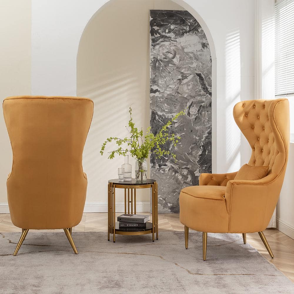 Camel Velvet Tufted Wingback Accent Chair with Gold Legs