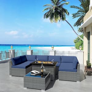 8-Piece Wicker Outdoor Patio Sectional Conversation Set with Blue Cushions and Fire Pit Table