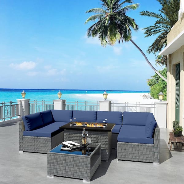 Gardenbee 8-Piece Wicker Outdoor Patio Sectional Conversation Set with Blue Cushions and Fire Pit Table