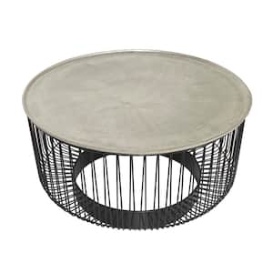 30 in. Black Medium Round Metal Open Frame Wire Geometric Coffee Table with Silver Aluminum Top