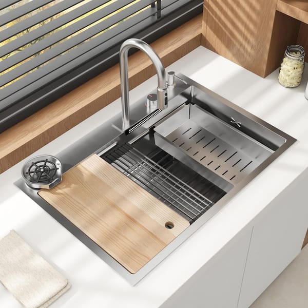 33.2 in. W Drop-In Single Bowl Silver Stainless Steel Kitchen Sink Workstation Set With Waterfall, Pull-Down Faucet