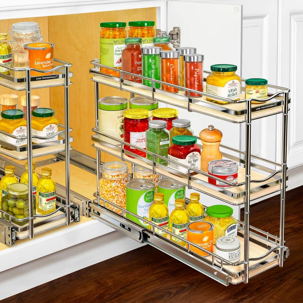 Narrow 3-Tier Wood and Chrome Pull-Out Spice Rack