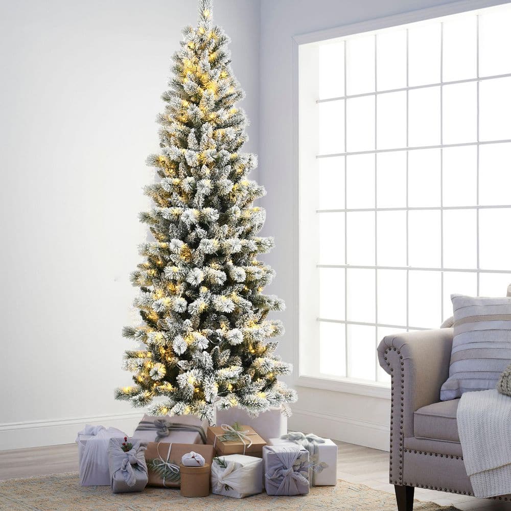 7.5 ft Snow Flocked Pine Christmas Tree with Multicolor LED Lights