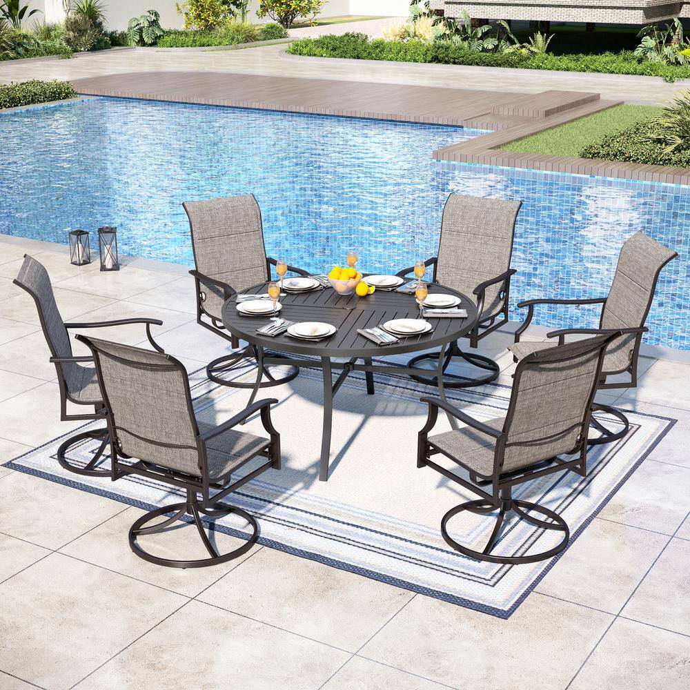 PHI VILLA 7-Piece Outdoor Patio Metal Round Dining Set with Padded ...