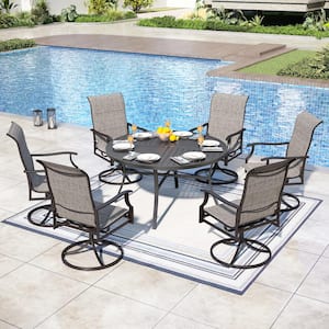 7-Piece Outdoor Patio Metal Round Dining Set with Padded Sling Swivel Chairs