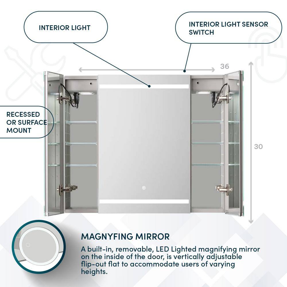 Royale Plus 36" Brushed Aluminum LED Medicine Cabinet with Defogger