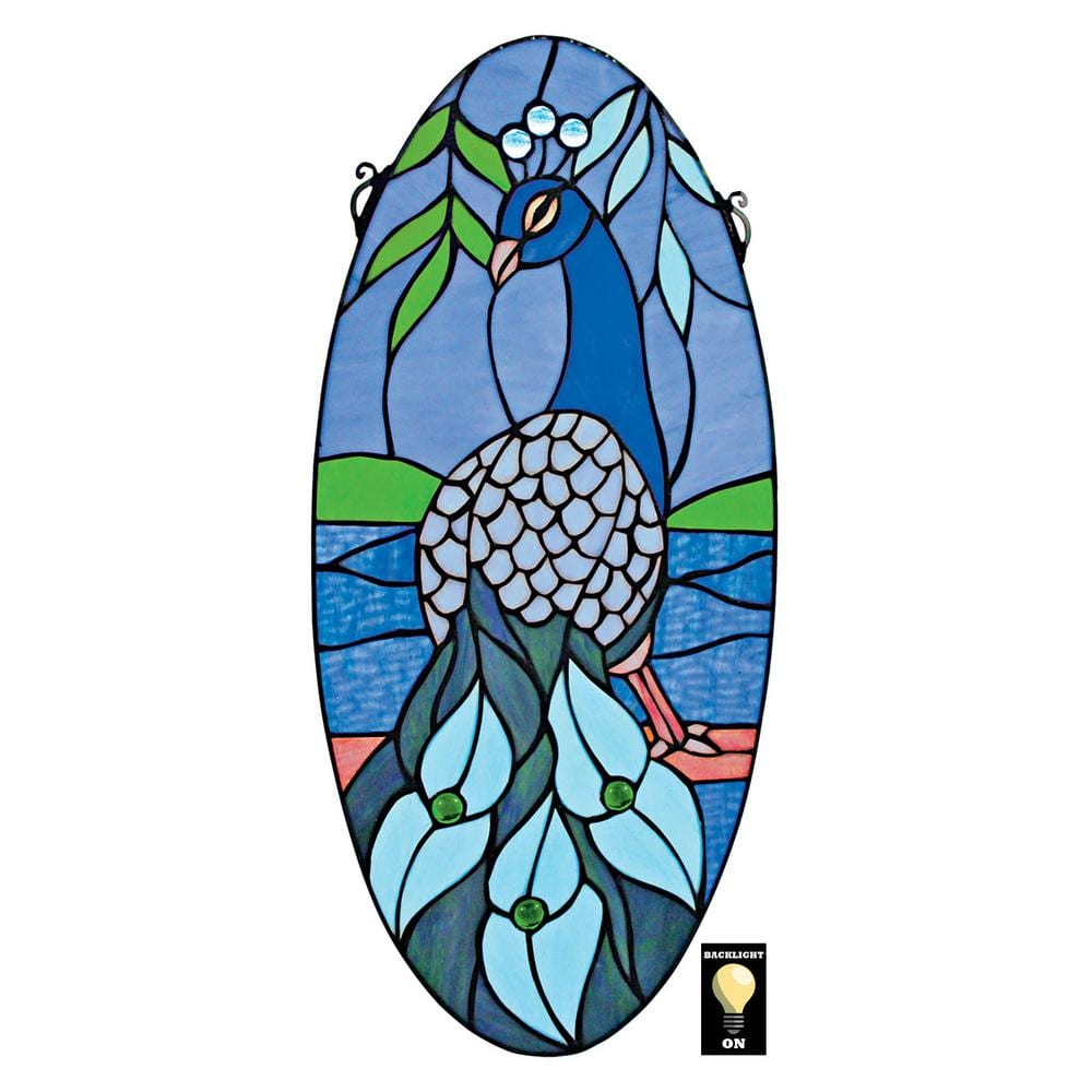 Design Toscano Majestic Peacock Oval Stained Glass Window Panel