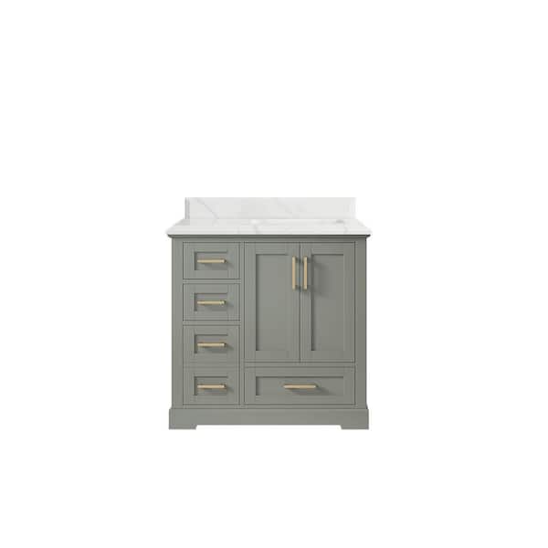 Willow Collections Boston 36 in. W x 22 in. D x 36 in. H Right Offset Sink Bath Vanity in Evergreen with 1.5 in. Calacatta Quartz Top
