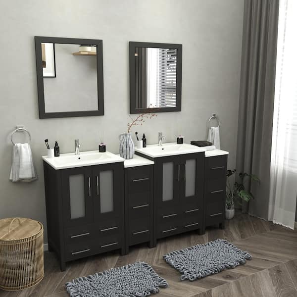 Brescia 72 in. W x 18.1 in. D x 35.8 in. H Double Basin Bathroom Vanity in Espresso with Top in White Ceramic and Mirror