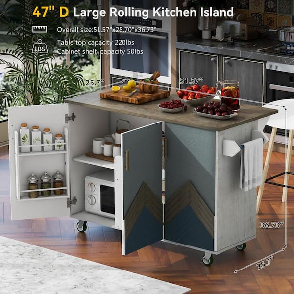 CESICIA White Mdf Base with Mdf Wood Top Rolling Kitchen Island (25.7-in x 51.57-in x 36.7-in)