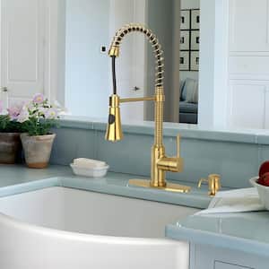 Single-Handle Deck Mount Gooseneck Pull-Down Sprayer Kitchen Faucet with Deckplate Included and Handles in Brushed Gold
