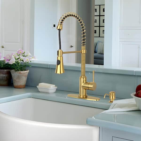 Single-Handle Deck Mount Gooseneck Pull-Down Sprayer Kitchen Faucet with Deckplate Included and Handles in Brushed Gold