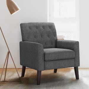 Dark Gray Linen and Walnut Legs Mid Century Modern Button Tufted Accent Chair
