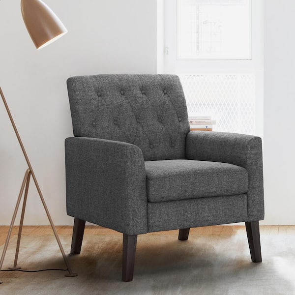 LUE BONA Dark Gray Linen and Walnut Legs Mid Century Modern Button Tufted Accent Chair