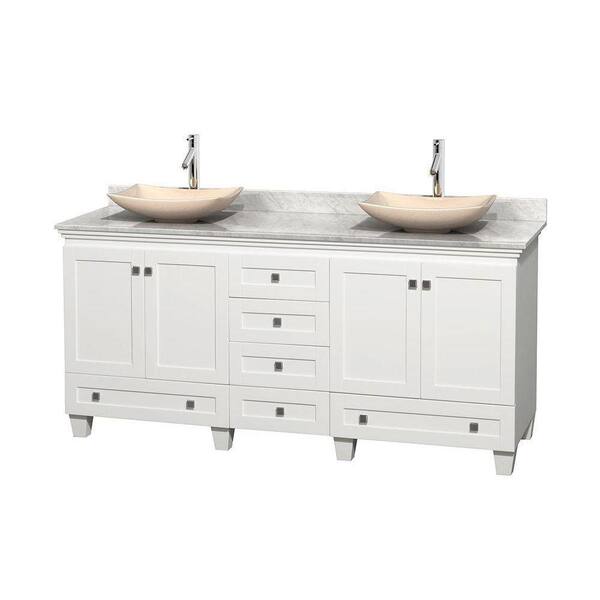 Wyndham Collection Acclaim 72 in. W Double Vanity in White with Marble Vanity Top in Carrara White and Ivory Sinks