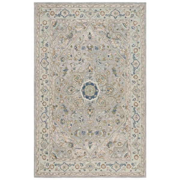 Heritage 4 ft. x 6 ft. Ivory/Blue Border Floral Area Rug