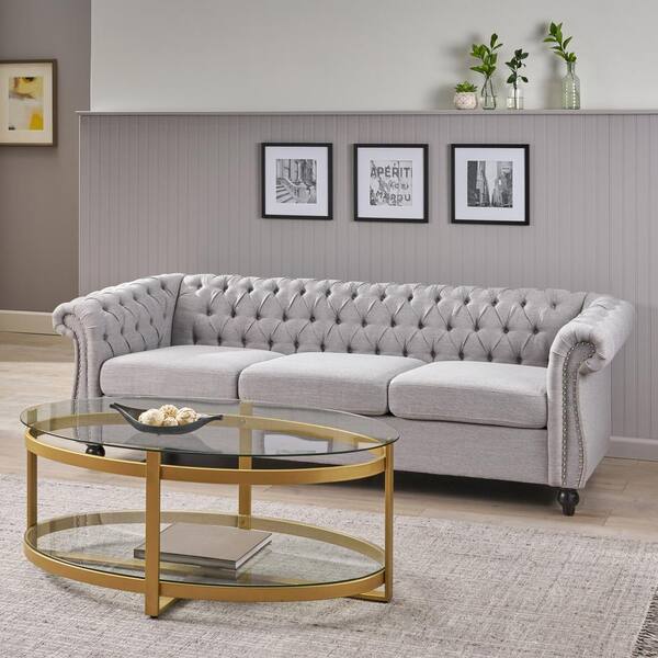 Noble House Parksley 84.75 in. Cloud Grey Solid Fabric 3 Seater Chesterfield Sofa 70572 The Home Depot