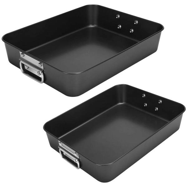Deep Roasting Pan 2 pcs Nonstick Dark Grey Heavy Duty Carbon Steel Oven Safe with Handles Kitchen Bakeware
