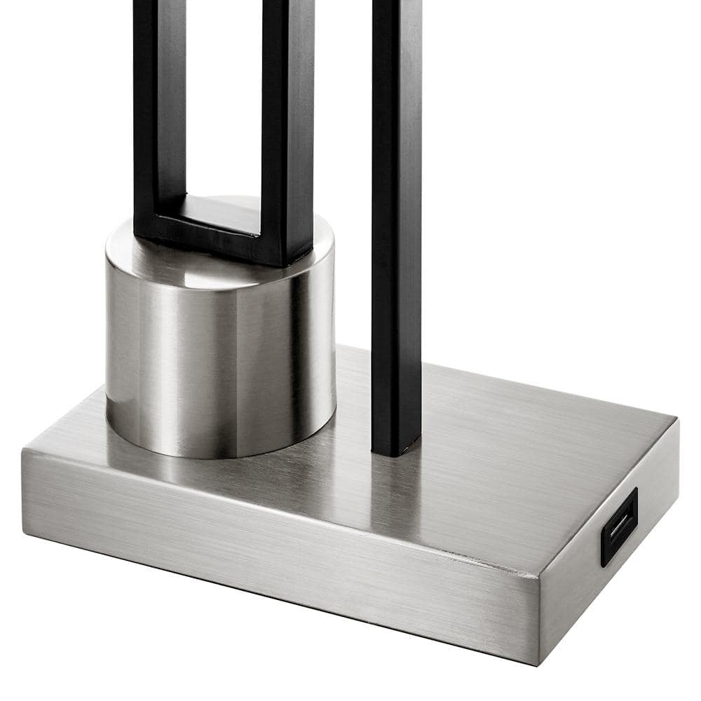 Matte Black and Brushed Nickel Table Lamp with USB Port and White Linen Shade