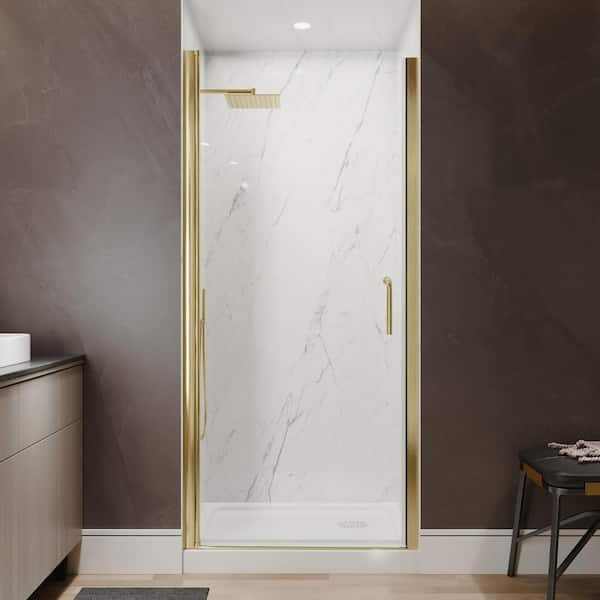 Victoria 34 to 36 in. W x 72 in. H Pivot Swing Frameless Shower Door in Brushed Gold with Clear Glass