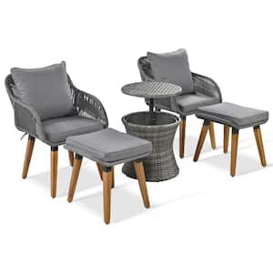 Grey 5-Piece Wicker Patio Conversation Set with Wicker Cool Bar Table, Club Chairs and Ottomans Set, Outdoor Bistro Sets