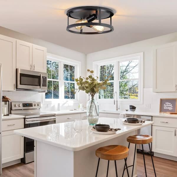 HKMGT 12.7 in. 2-Light Farmhouse Black Flush Mount Ceiling Light