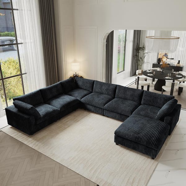 157.4 in. Oversized Square Arm Plush Soft Velvet L-Shaped Sectional Sofa 6-Seater with Ottoman, Washable Covers in Black