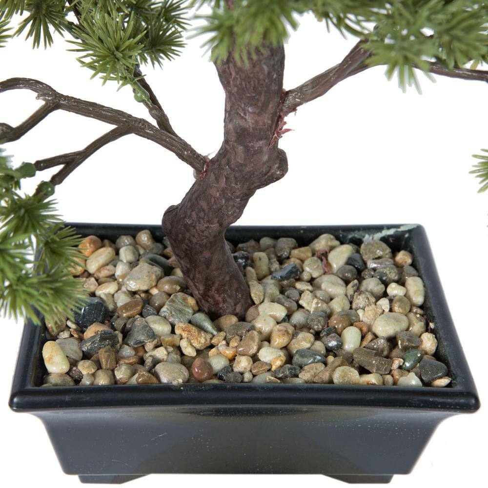 Tiny Green Faux Pine Bonsai Tree in Black Plastic Pot