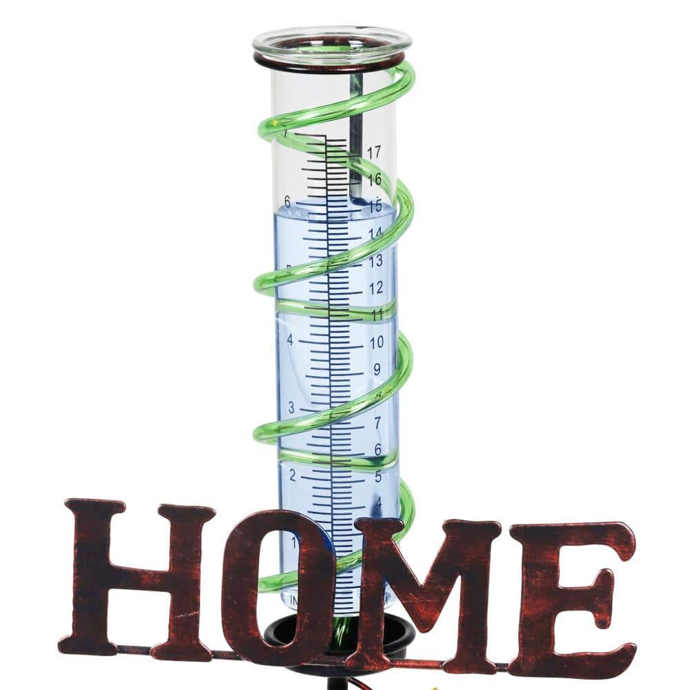 Green Metal Solar Hummingbird Rain Gauge Garden Stake