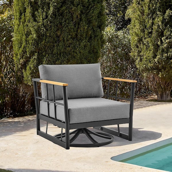 Armen Living Shari Aluminum and Teak Outdoor Glider with Dark Grey Cushions