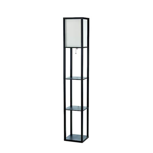 Simple Designs 62.5 in. Black Floor Lamp Etagere Organizer Storage Shelf with Linen Shade
