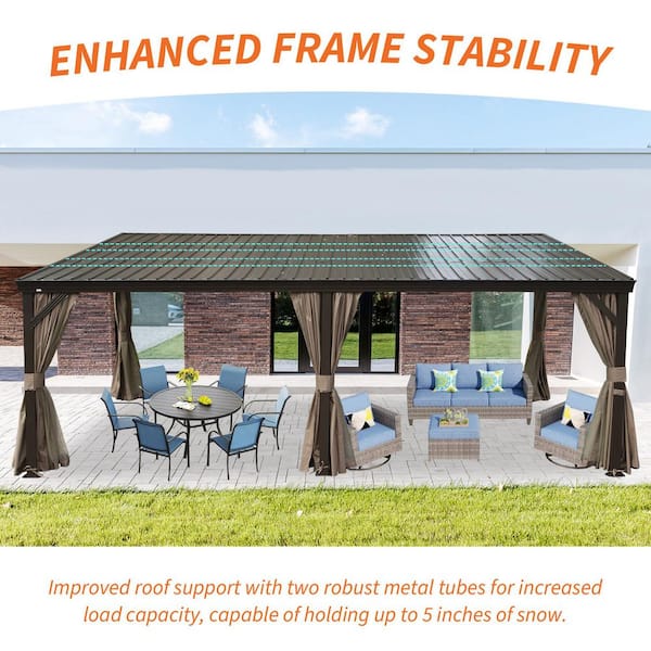 12 ft. x 20 ft. Outdoor Patio Aluminum Frame Galvanized Steel Roof Hardtop Lean To Gazebo with Curtains and Netting