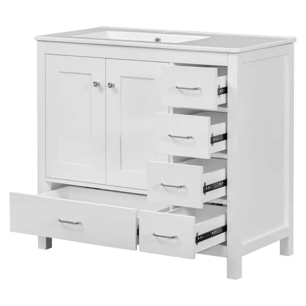 Aoibox 36 in. W x 18 in. D x 34 in. H Freestanding Bath Vanity in White w/White Ceramic Single Sink Top, 2 Doors & 5 Drawers