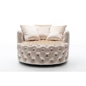 Beige Velvet Swivel Tufted Accent Barrel Chair