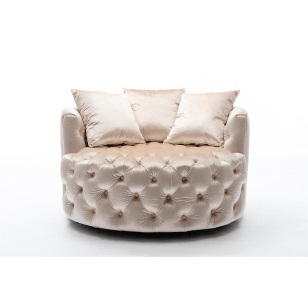 Unbranded Beige Velvet Swivel Tufted Accent Barrel Chair