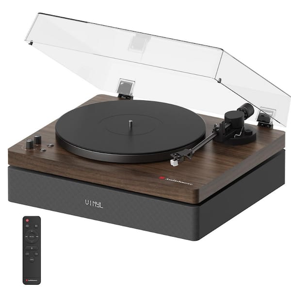 All-in-One Vinyl Record Player Turntable, Bluetooth 5.4, 120W 2.1 Channel, Hi-Fi 2-Speed Belt Drive, Walnut Woodgrain