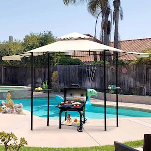 4.3 ft. x 12 ft. Beige Iron Double Tiered Patio BBQ Grill Gazebo with Bar Counters