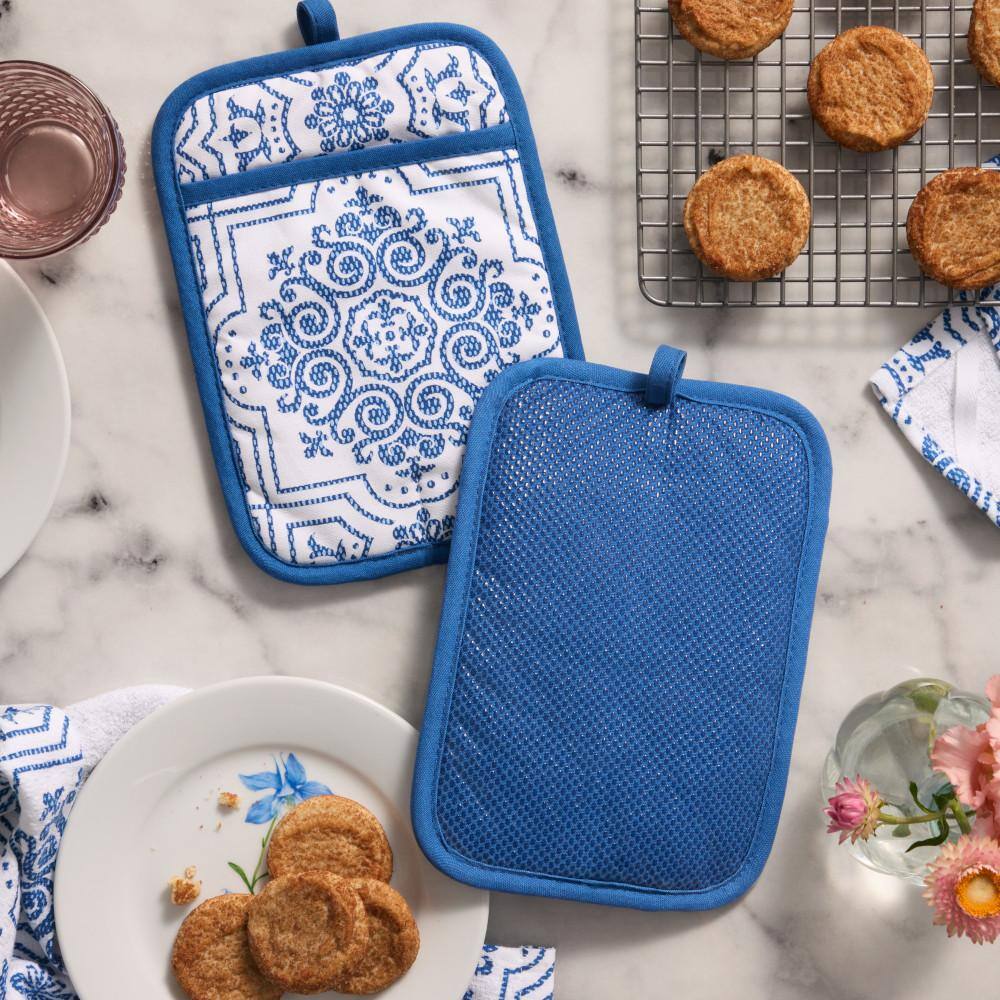 Navy Blue Silicone and Cotton Medallion Pot Holder Set