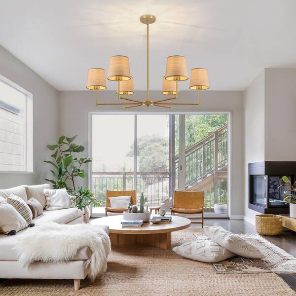 ZSMIHDOH 6-Light Gold Bohemian Farmhouse Chandelier with Rattan