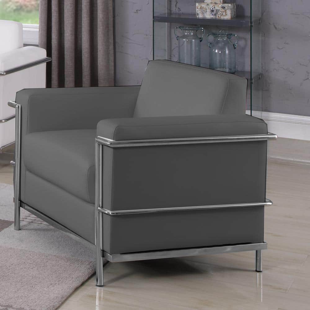 Sleek Dark Gray Faux Leather 36" Metal Frame Accent Armchair