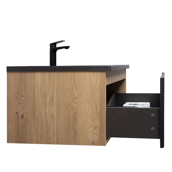 36 in. W x 20 in. D x 16 in. H Floating Bathroom Vanity with Black Quartz Sand Top in Natural Oak Assembled