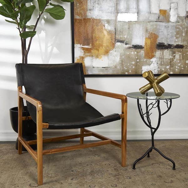 Litton Lane 16 in. Black Branch Large Round Glass End Table with Glass Top